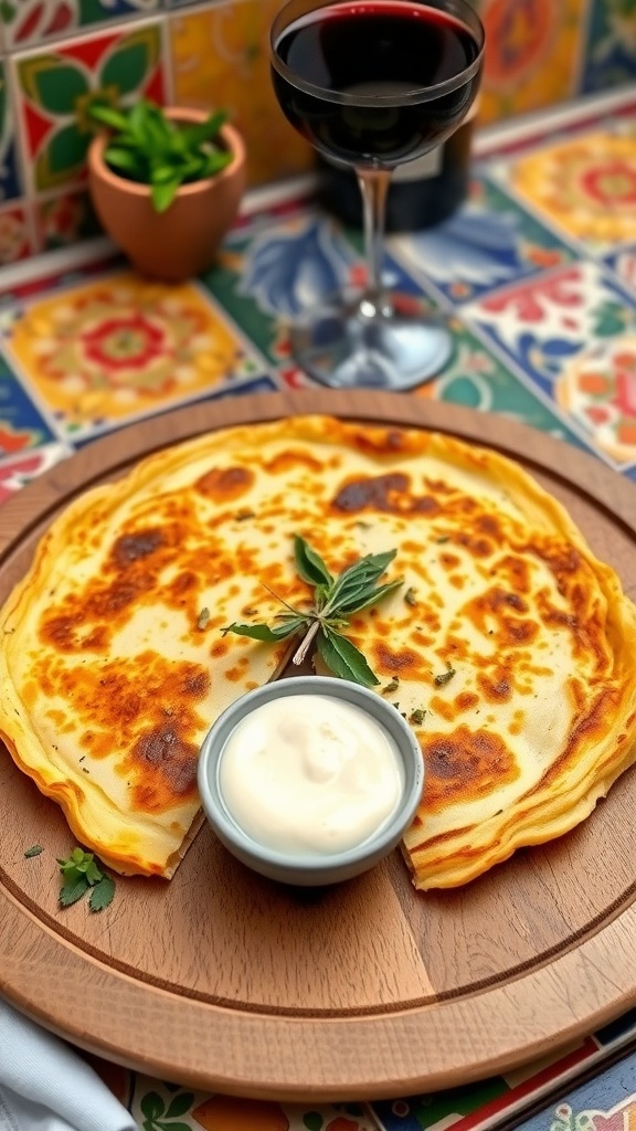 A golden brown Spanish tortilla sliced into wedges, garnished with herbs, on a rustic plate with aioli.